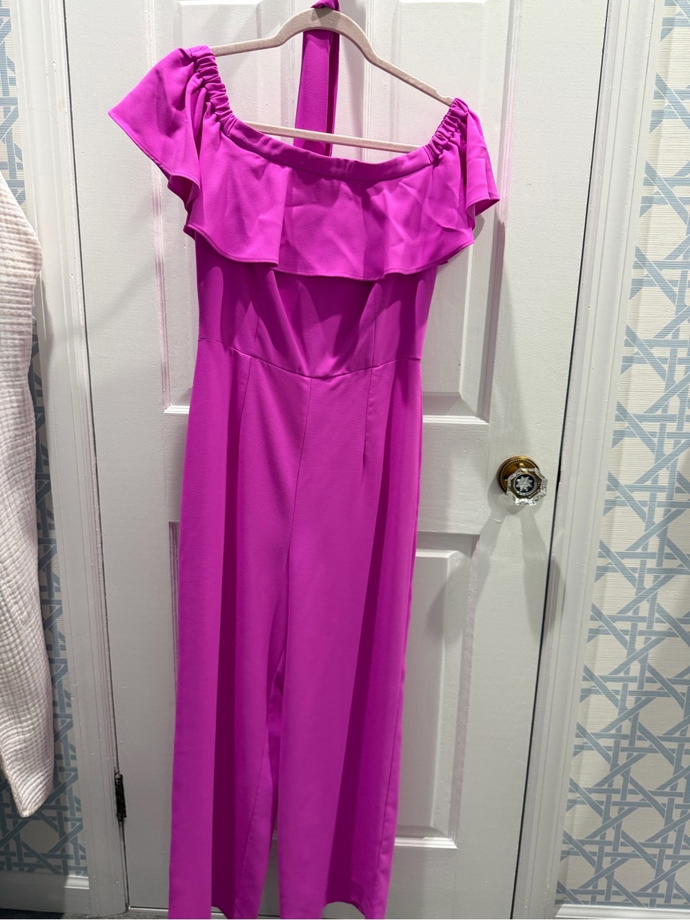 Off-Shoulder Ruffle One-Piece Jumpsuit in Vivid Magenta